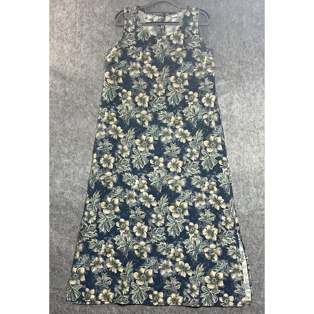 Vintage Dress Womens Large Blue Floral Linen Blend Tropical Maxi Sundress USA *
